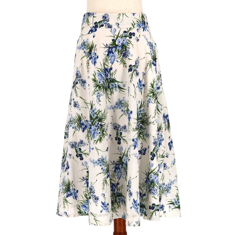 Veronica Beard Off-White Blue Floral Cotton Arwen Midi A-Line Skirt Size US 10